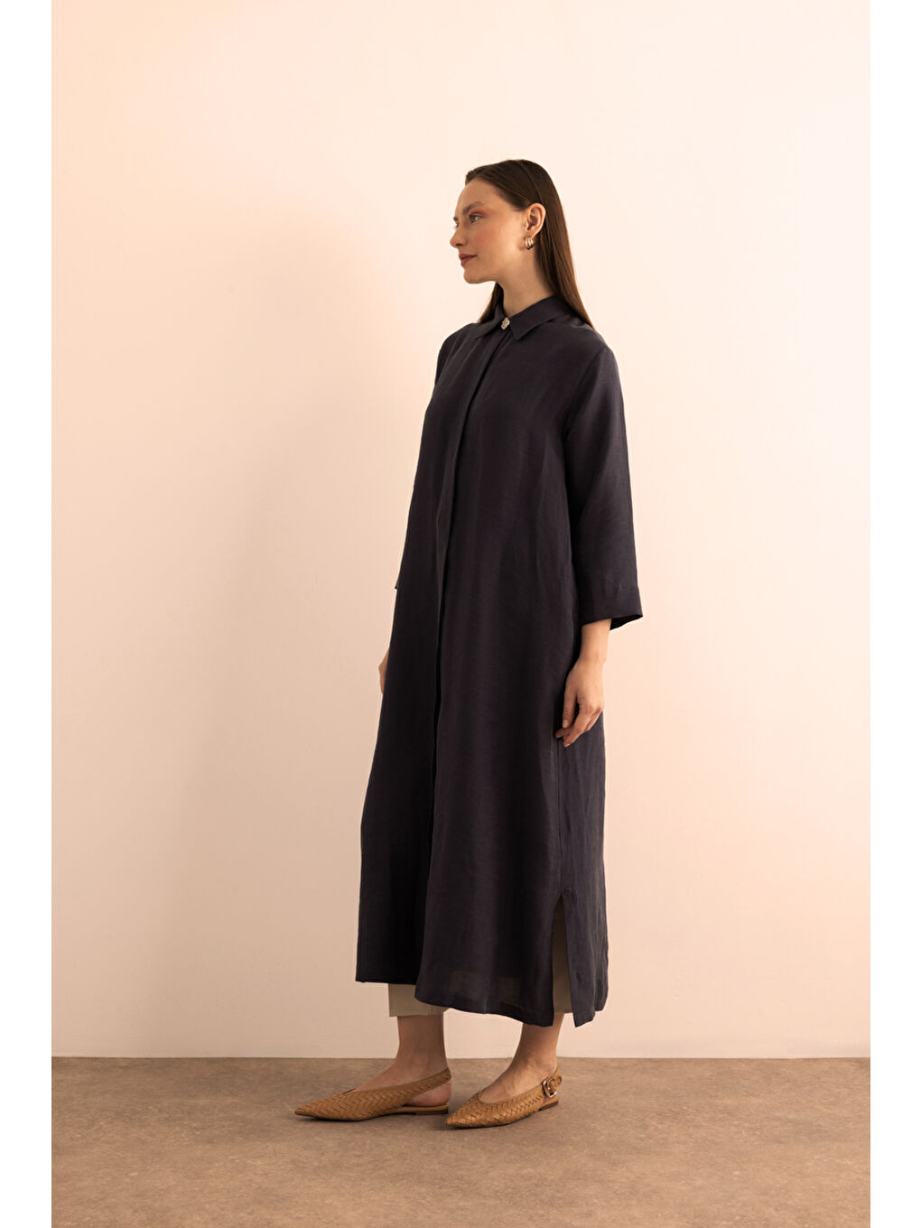 Lacivert Önden Düğmeli Lyocell Ferace-3