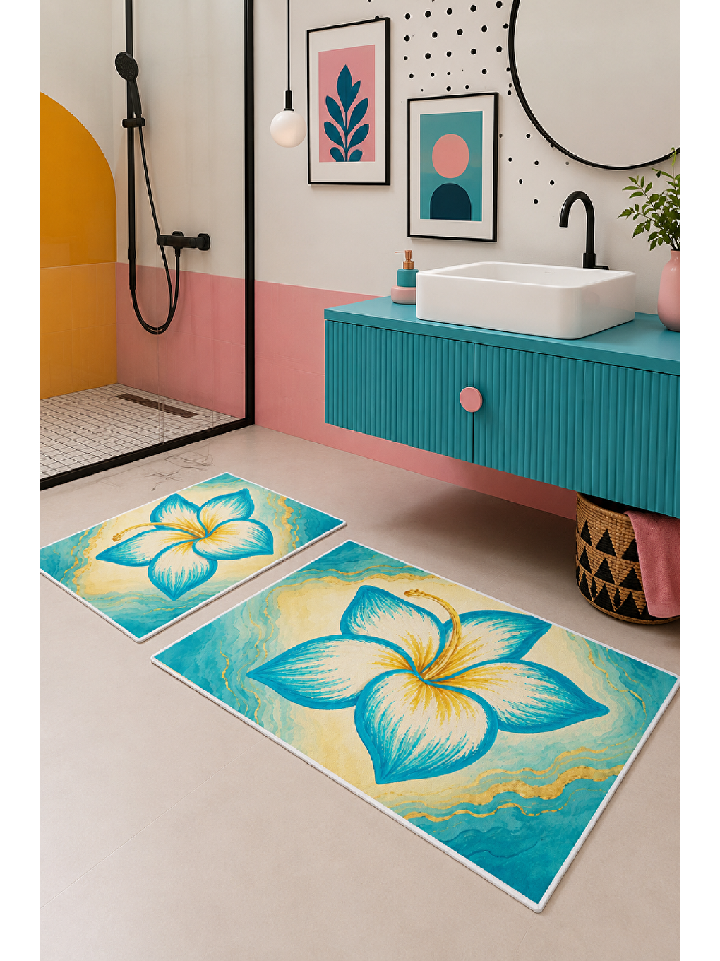 Sarı Turkuaz Tropikal Çiçek Desenli Banyo Paspası 2’li Set-5