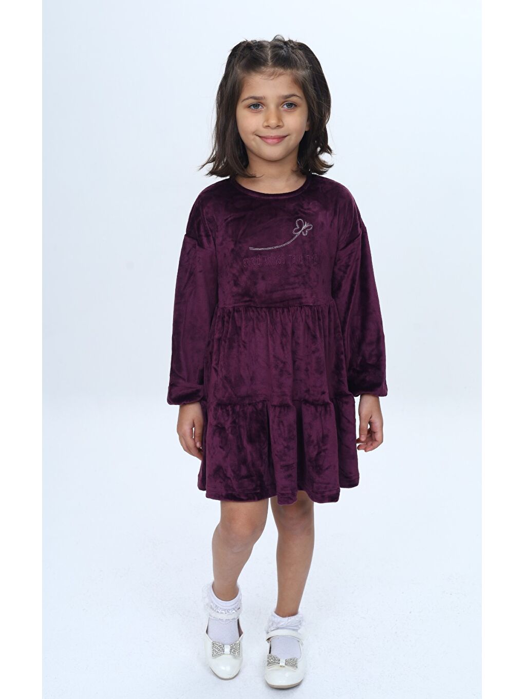 Mor Kız Çocuk Nakışlı Elbise