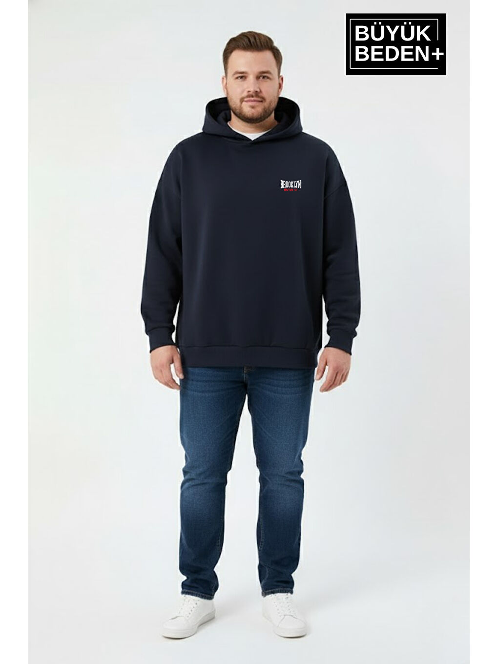 Lacivert Erkek Büyük Beden Brooklyn 1970 Baskılı Kapüşonlu Sweatshirt SPR26BSW964