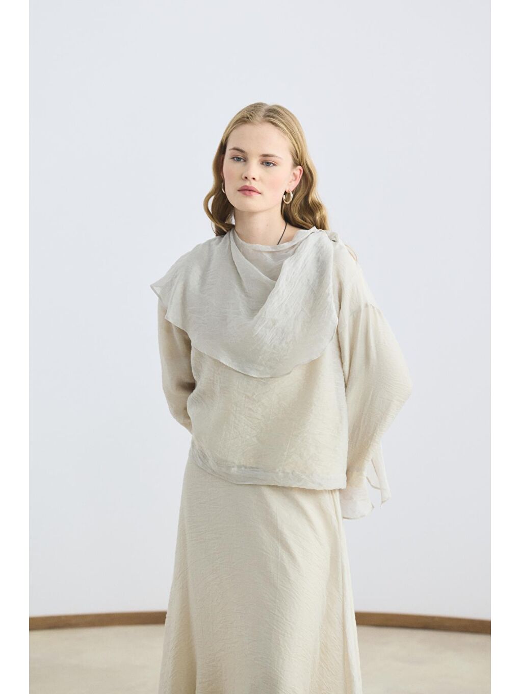 Şal Yaka Gömlek Etek Takım Bej-1