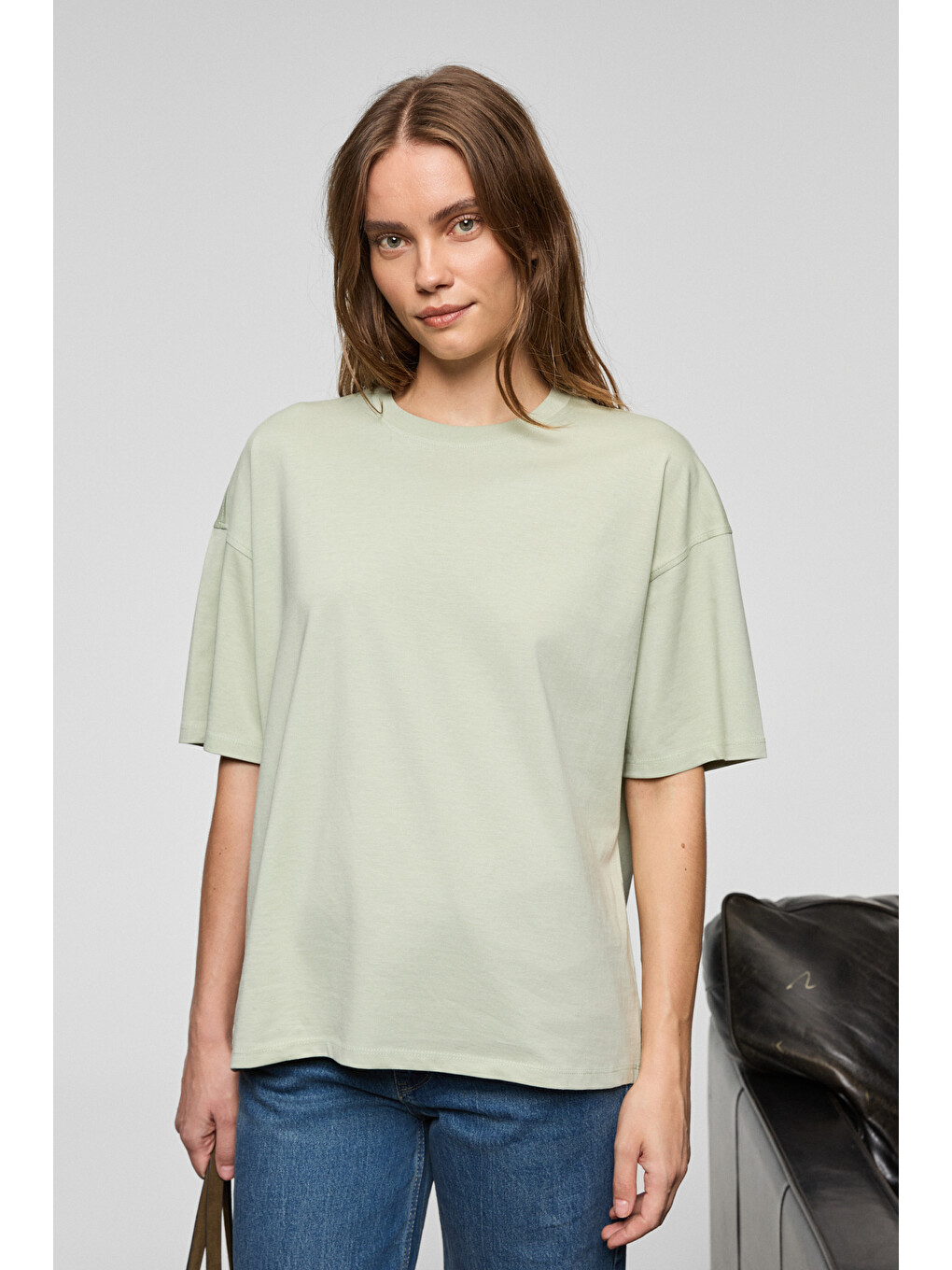 Yeşil LAGERTHA Kadın %100 organik Pamuklu Kalın Dokulu Oversize Fit Yuvarlak Yakalı MİNT YEŞİL T-Shirt-3