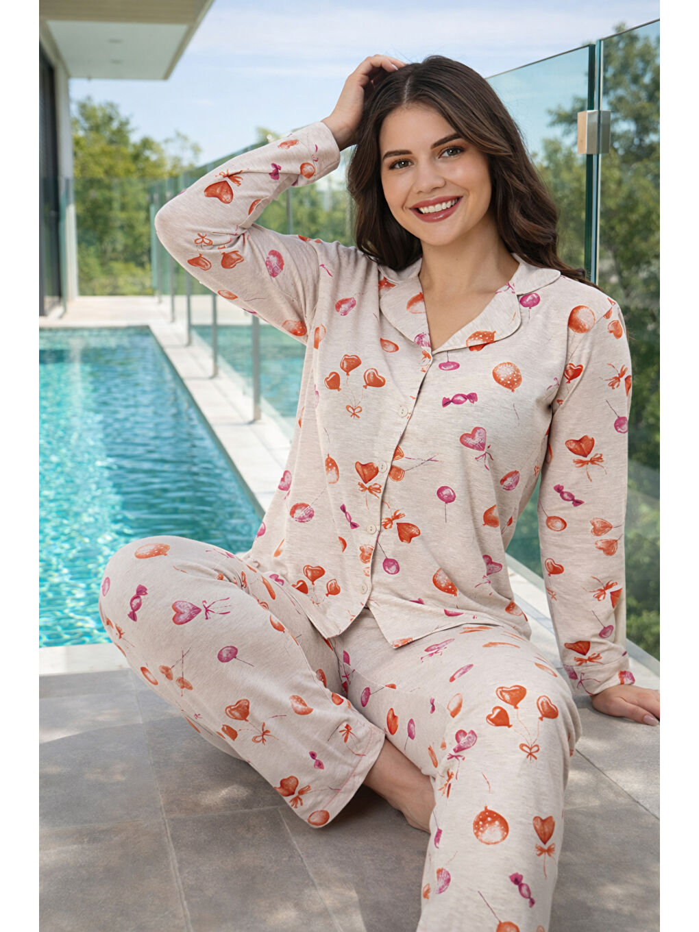 Kadın Önü Düğmeli Suprem Pijama Takımı 0615 Bej03-1