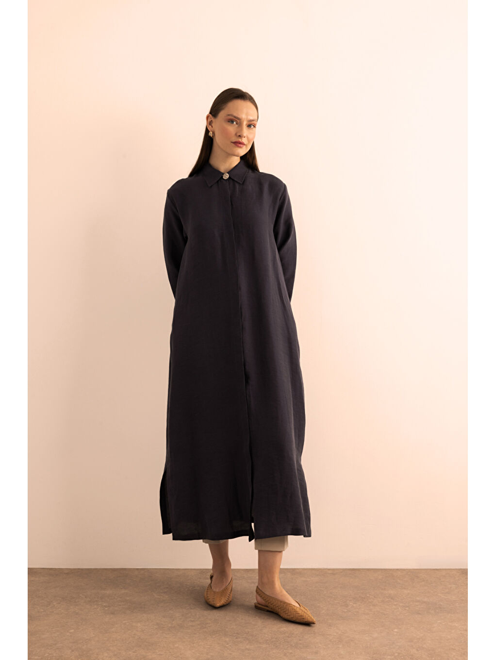 Lacivert Önden Düğmeli Lyocell Ferace-4