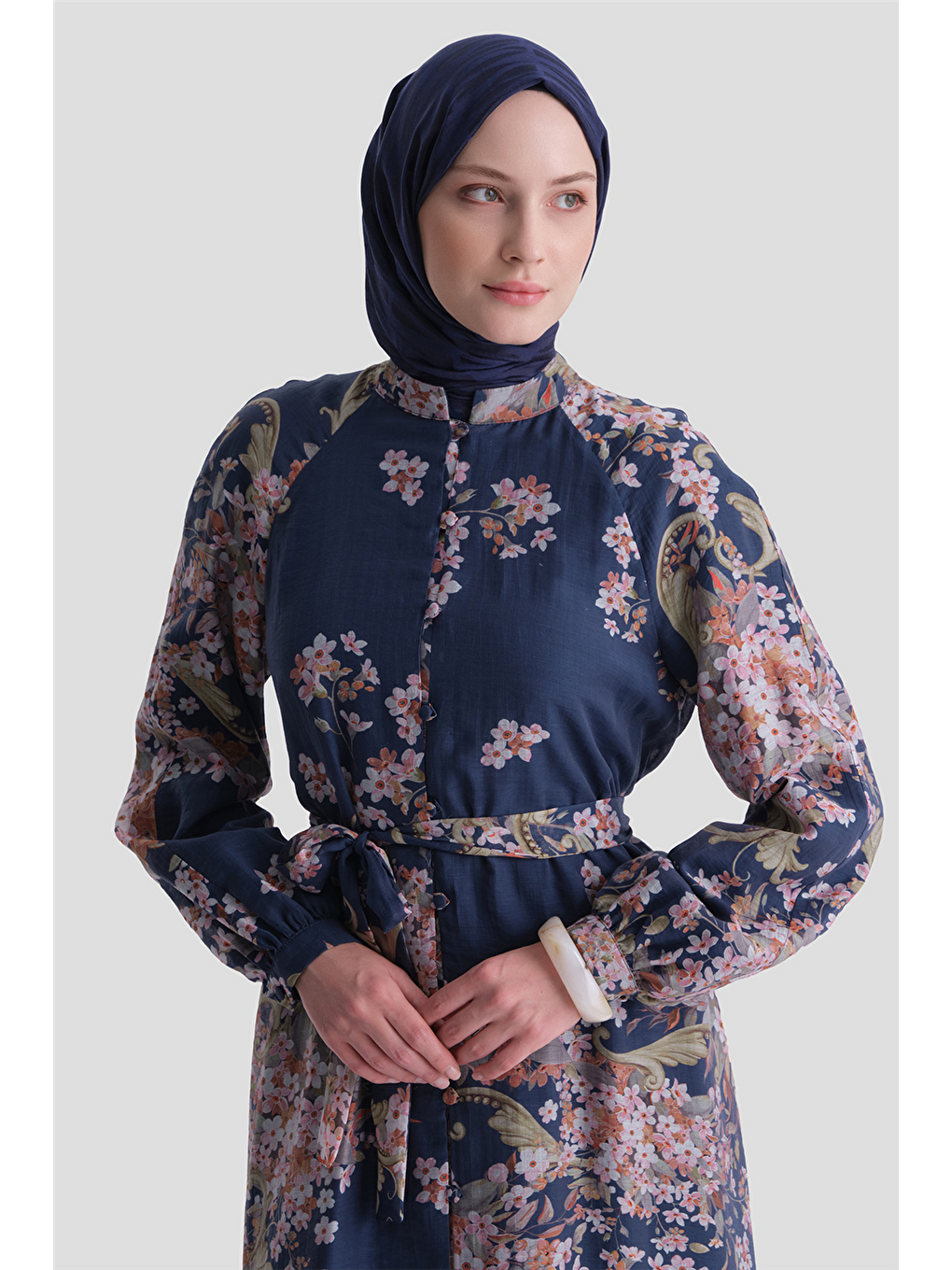 Çiçek Desenli Elbise Lacivert-2