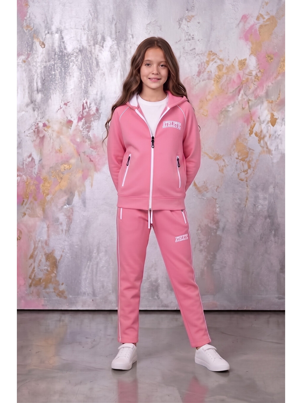 Pembe Kız Çocuk Atheletic Reglan Kol Kapüşonlu Düz Paça Dalgıç Kumaş Eşofman Takımı Esf7018