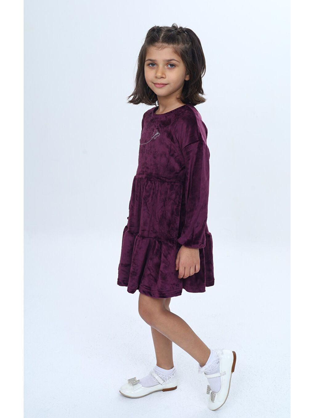 Mor Kız Çocuk Nakışlı Elbise-1