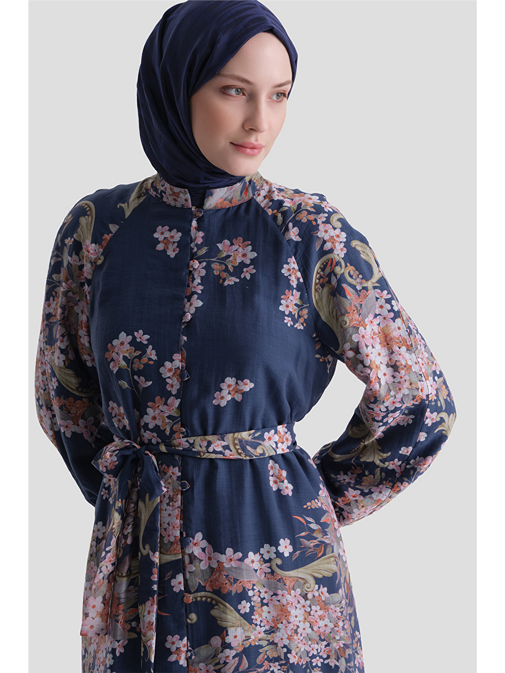 Çiçek Desenli Elbise Lacivert-3