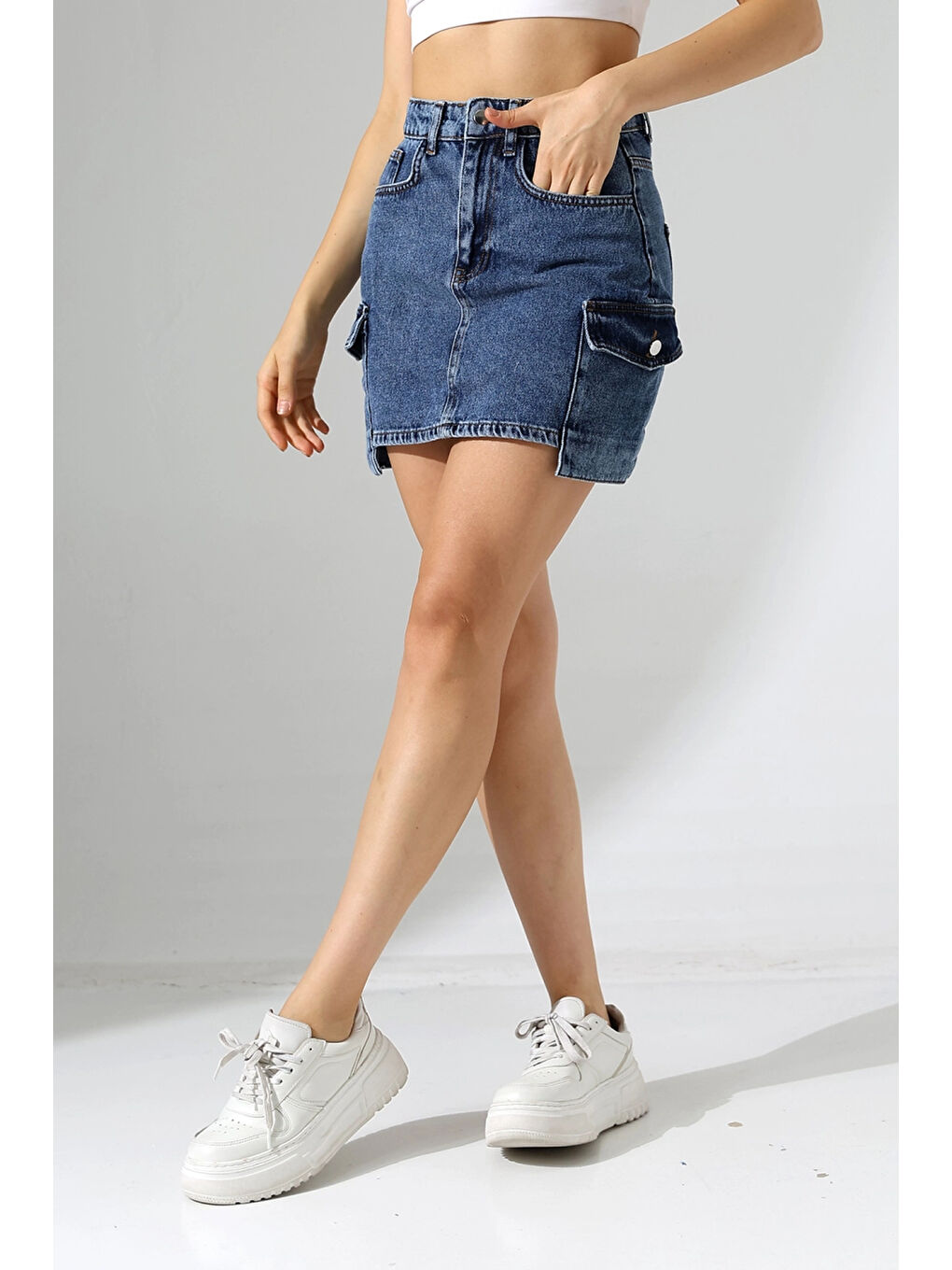 Lacivert Kargo Cep Detay Mini Jean Etek