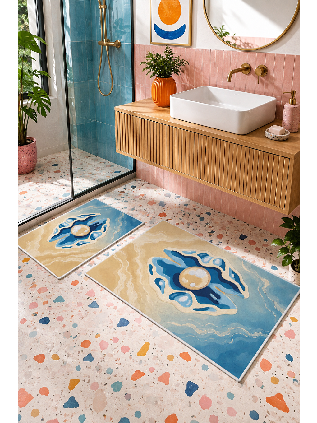 Bej Mavi Nazar Desenli Kaymaz Taban Banyo Paspası 2’li Set-1