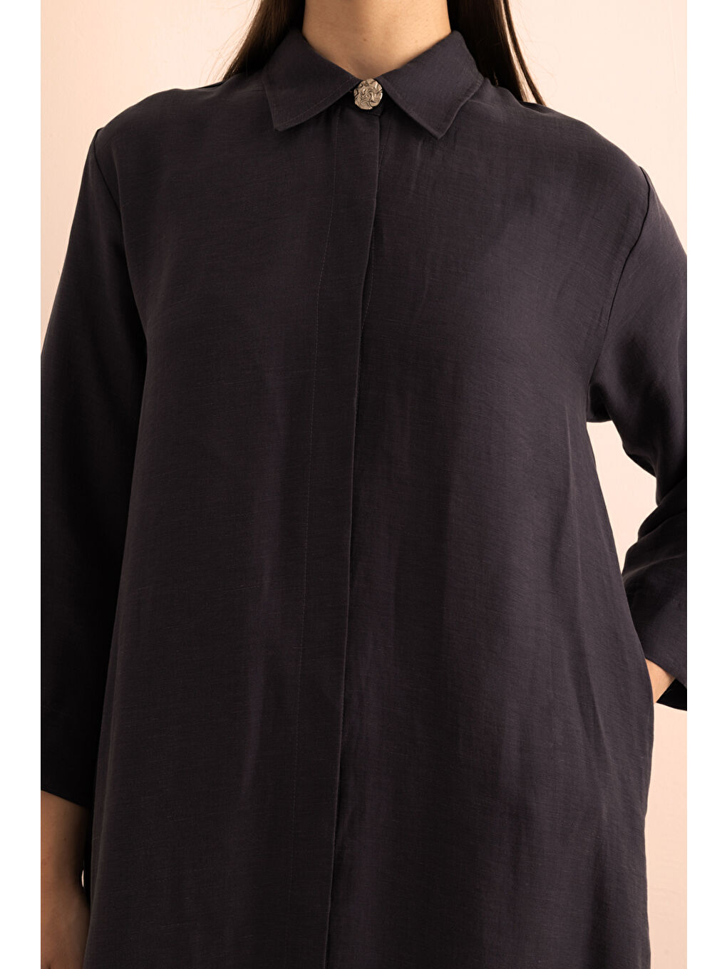 Lacivert Önden Düğmeli Lyocell Ferace-5