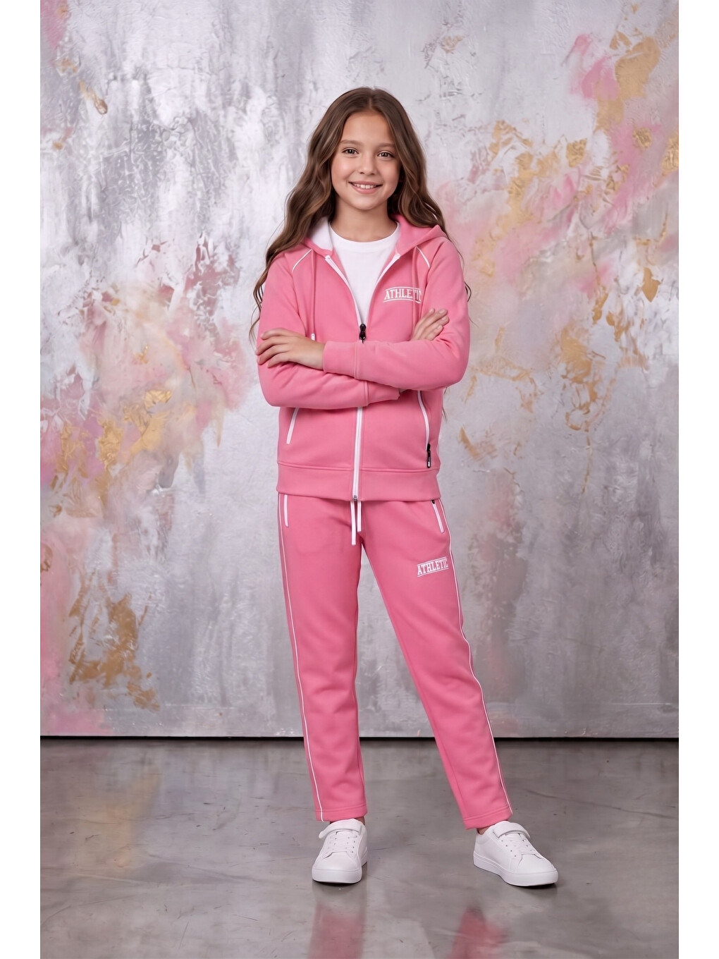 Pembe Kız Çocuk Atheletic Reglan Kol Kapüşonlu Düz Paça Dalgıç Kumaş Eşofman Takımı Esf7018-1