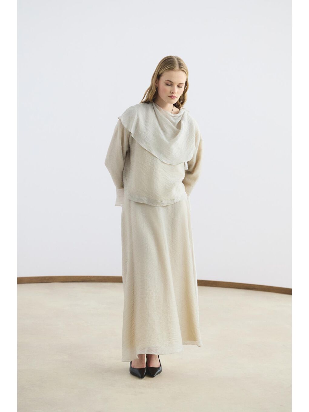 Şal Yaka Gömlek Etek Takım Bej-3