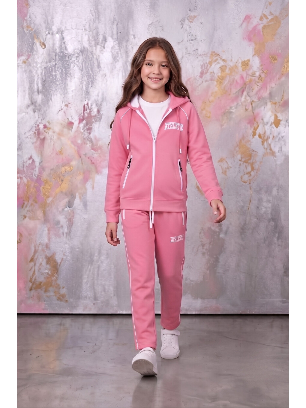 Pembe Kız Çocuk Atheletic Reglan Kol Kapüşonlu Düz Paça Dalgıç Kumaş Eşofman Takımı Esf7018-2