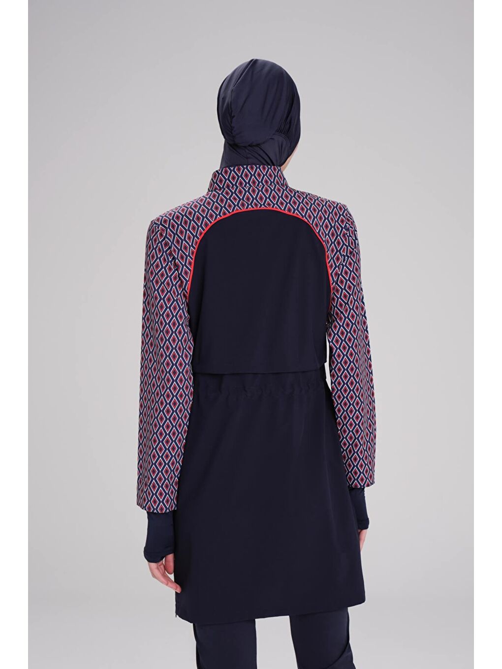 Esila Lacivert Kırmızı Kolu Desenli Jileli Tam Tesettür Mayo Üstü 2934-3