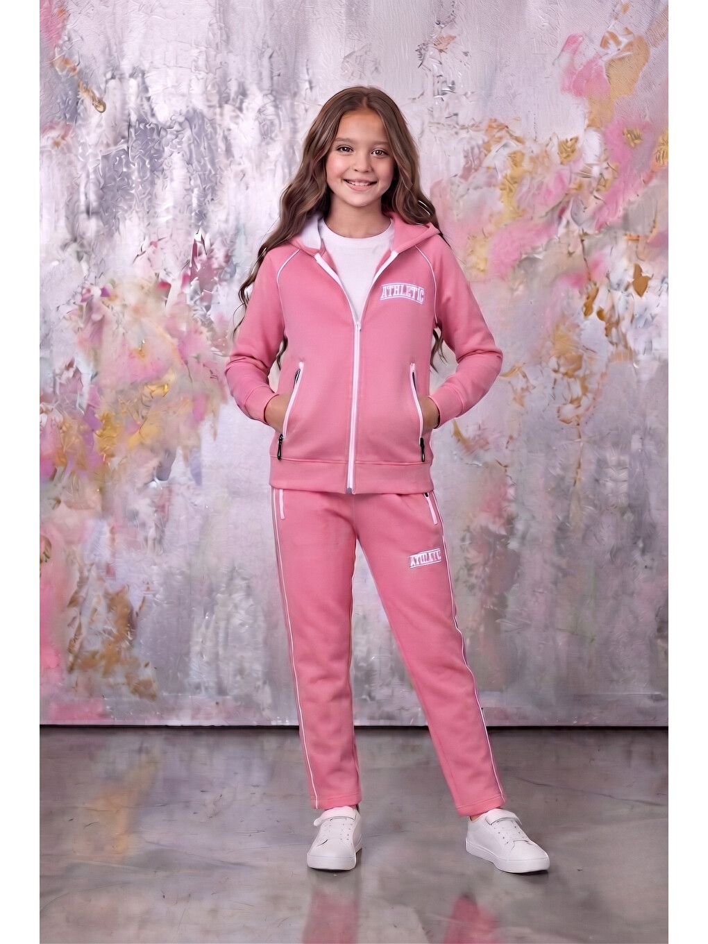 Pembe Kız Çocuk Atheletic Reglan Kol Kapüşonlu Düz Paça Dalgıç Kumaş Eşofman Takımı Esf7018-4