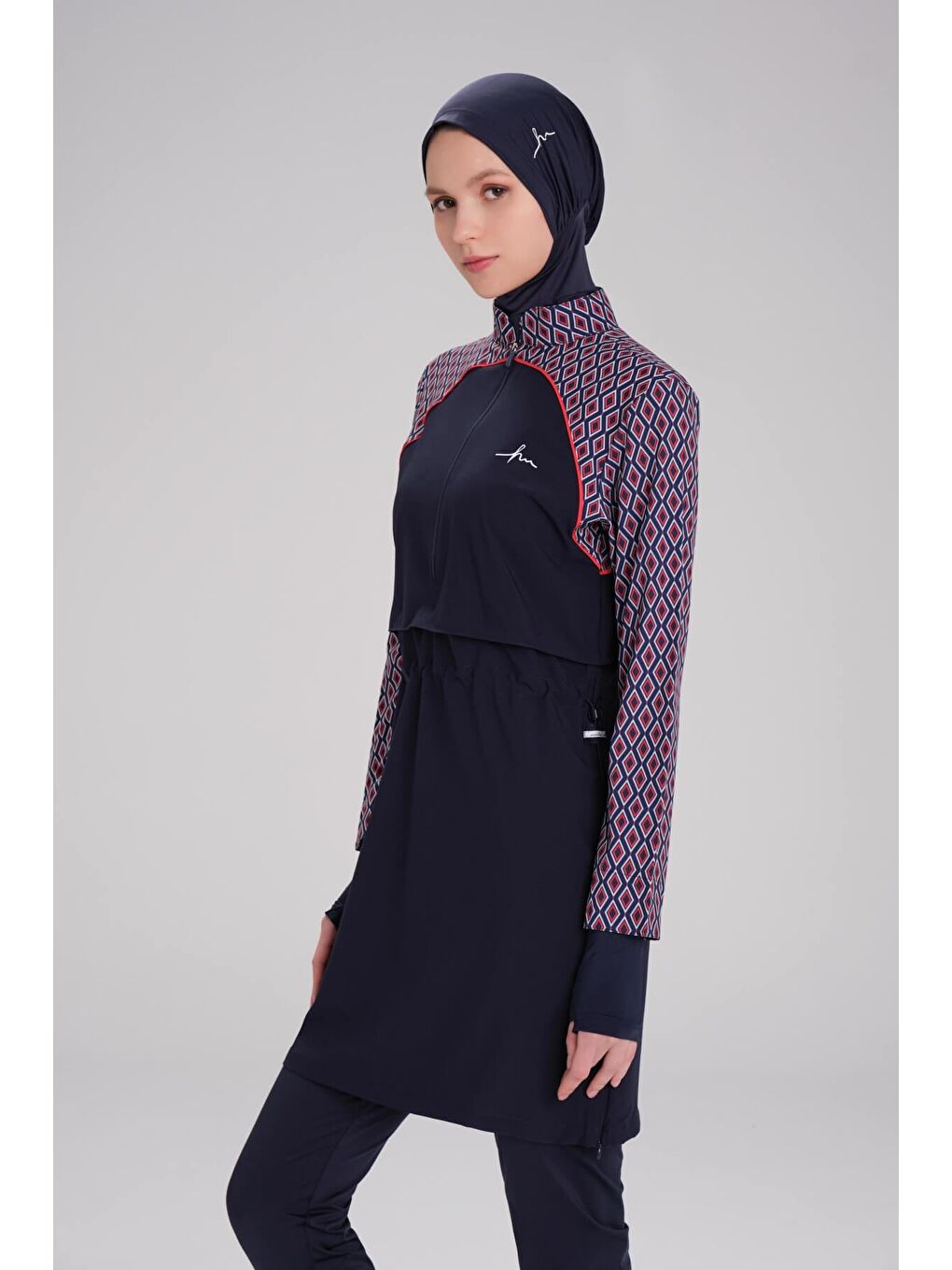 Esila Lacivert Kırmızı Kolu Desenli Jileli Tam Tesettür Mayo Üstü 2934-4