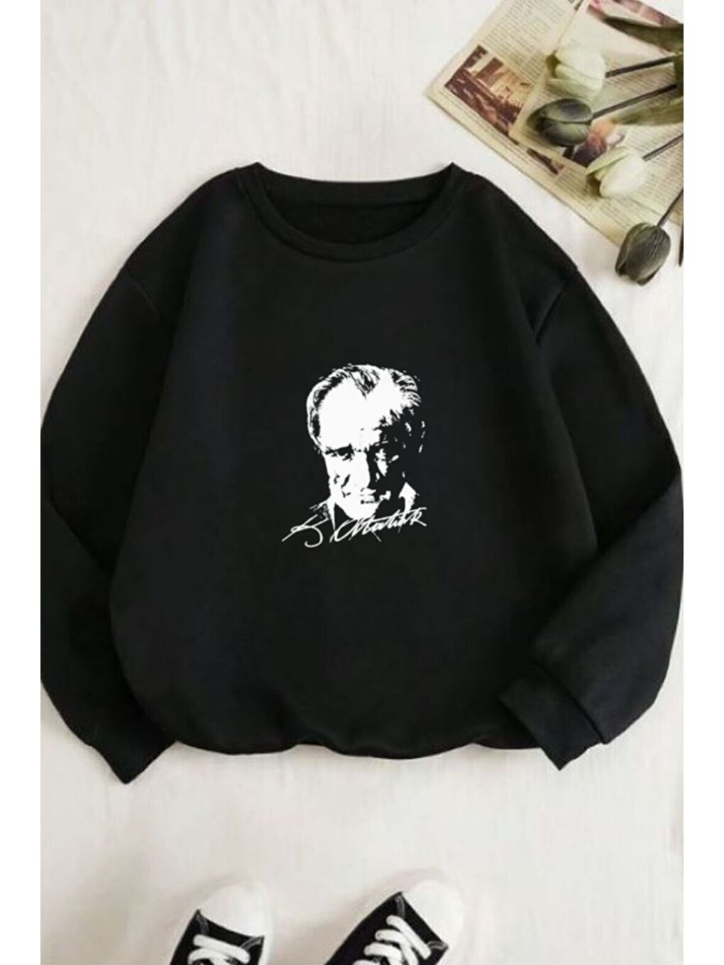 Siyah Kemal Atatürk Baskılı Oversize Bisiklet Yaka Sweatshirt