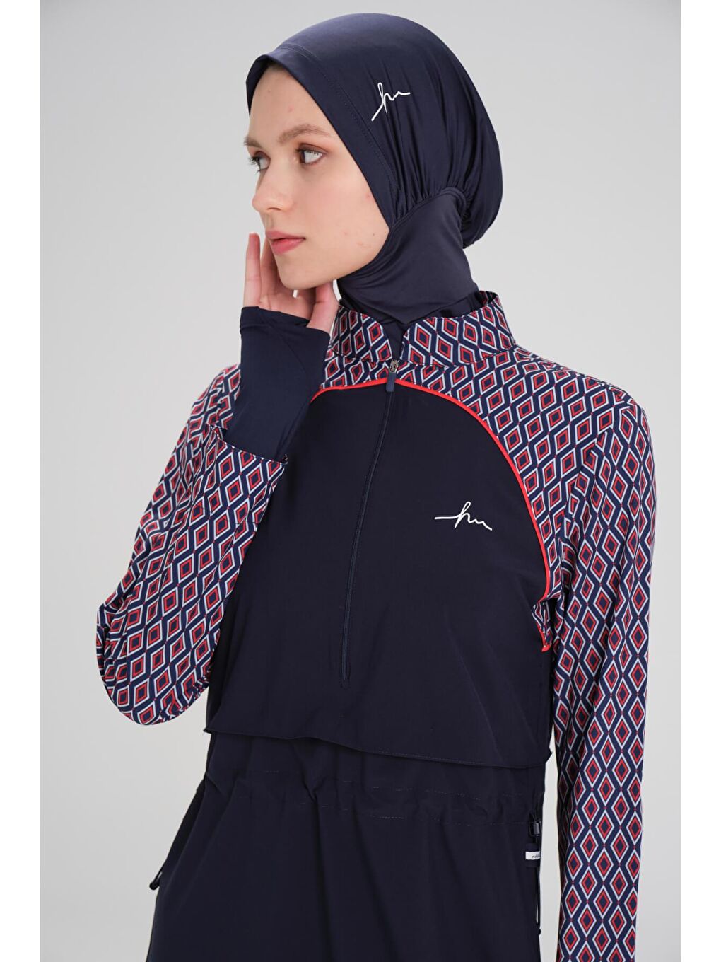 Esila Lacivert Kırmızı Kolu Desenli Jileli Tam Tesettür Mayo Üstü 2934-6