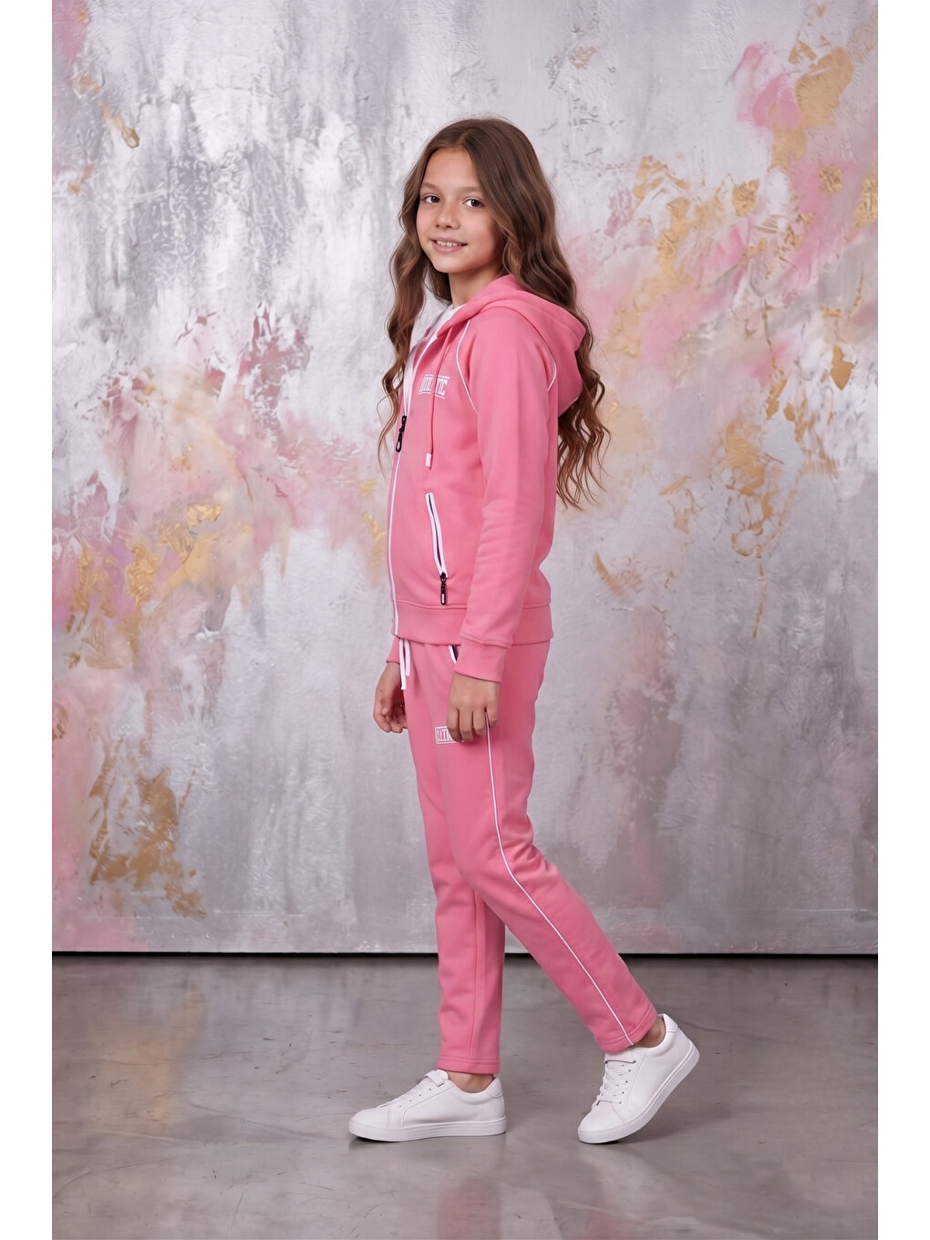 Pembe Kız Çocuk Atheletic Reglan Kol Kapüşonlu Düz Paça Dalgıç Kumaş Eşofman Takımı Esf7018-5