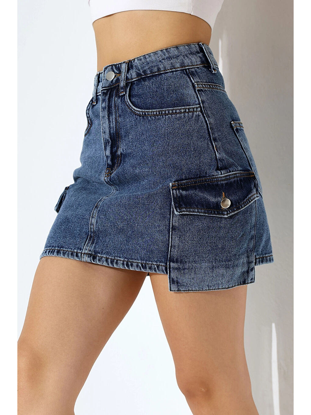 Lacivert Kargo Cep Detay Mini Jean Etek-3