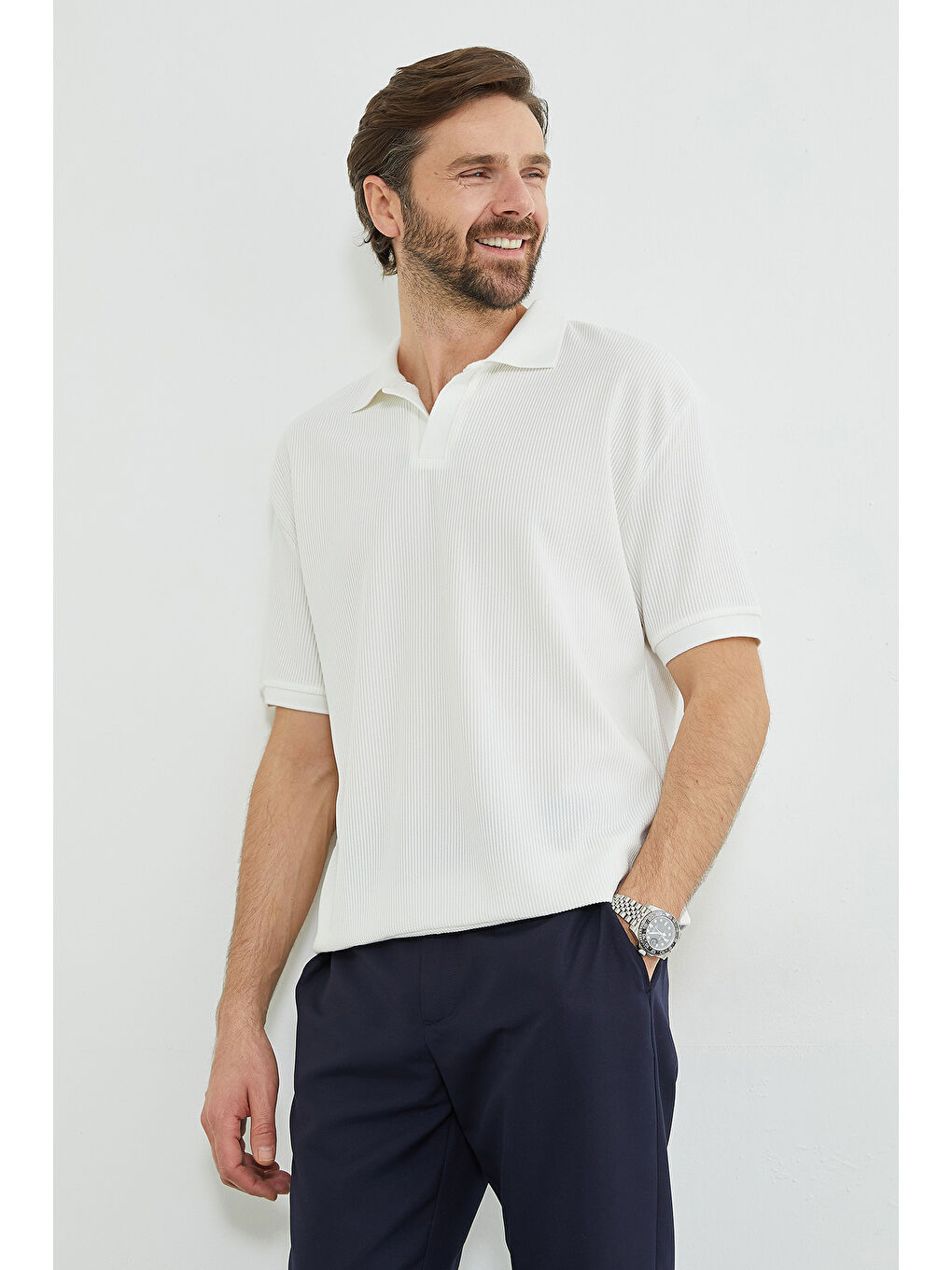 Ekru Fitilli Apaş Yaka Garnili Tişört-4