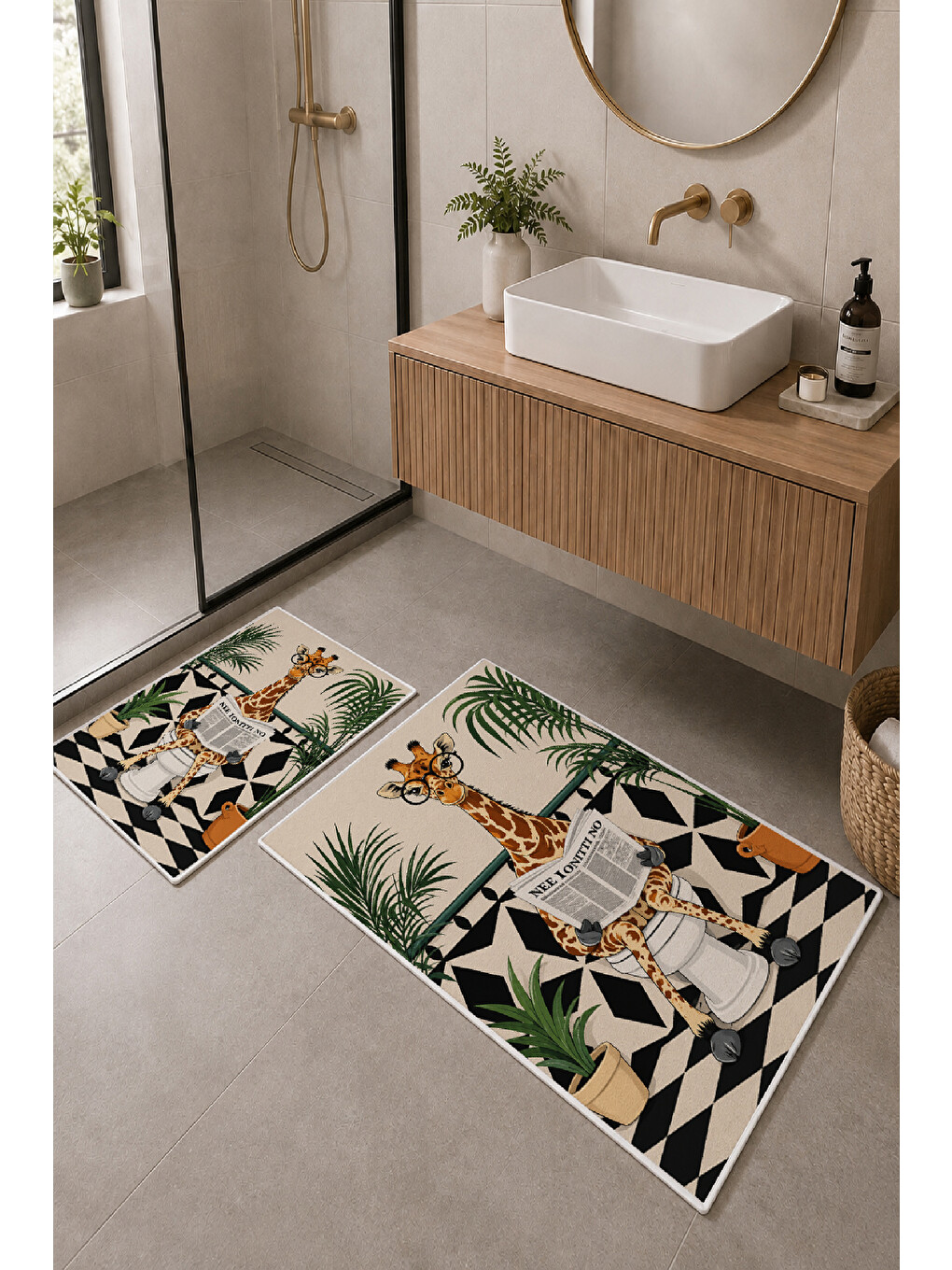 Bej Yeşil Gazete Okuyan Zürafa Desenli Banyo Paspası 2’li Set-1