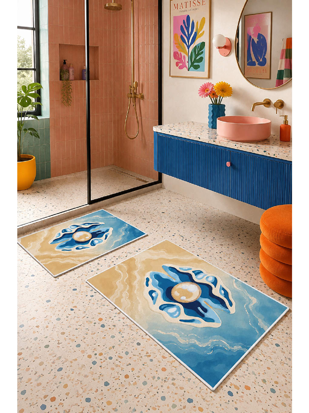 Bej Mavi Nazar Desenli Kaymaz Taban Banyo Paspası 2’li Set-2