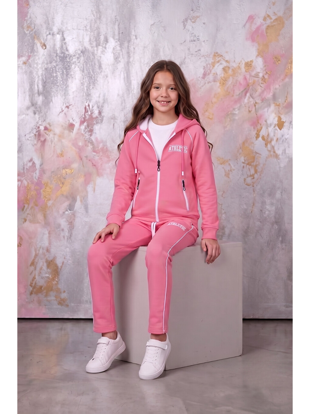 Pembe Kız Çocuk Atheletic Reglan Kol Kapüşonlu Düz Paça Dalgıç Kumaş Eşofman Takımı Esf7018-6
