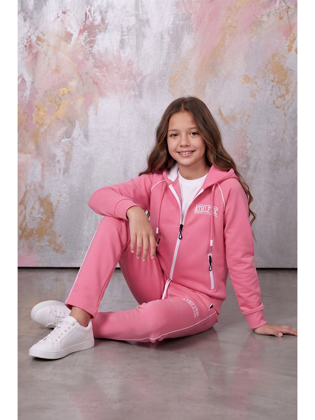 Pembe Kız Çocuk Atheletic Reglan Kol Kapüşonlu Düz Paça Dalgıç Kumaş Eşofman Takımı Esf7018-7