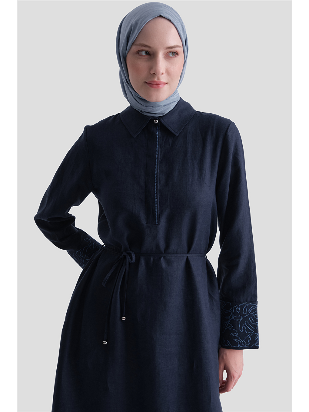 Nakış Detaylı Keten Elbise İndigo-3