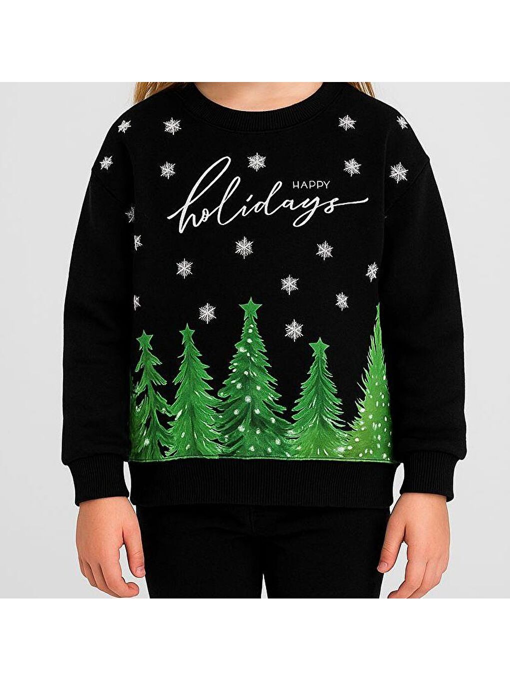 Siyah Kız Çocuk Şardonlu “Happy Holidays” Baskılı Sweatshirt (8-12 Yaş)