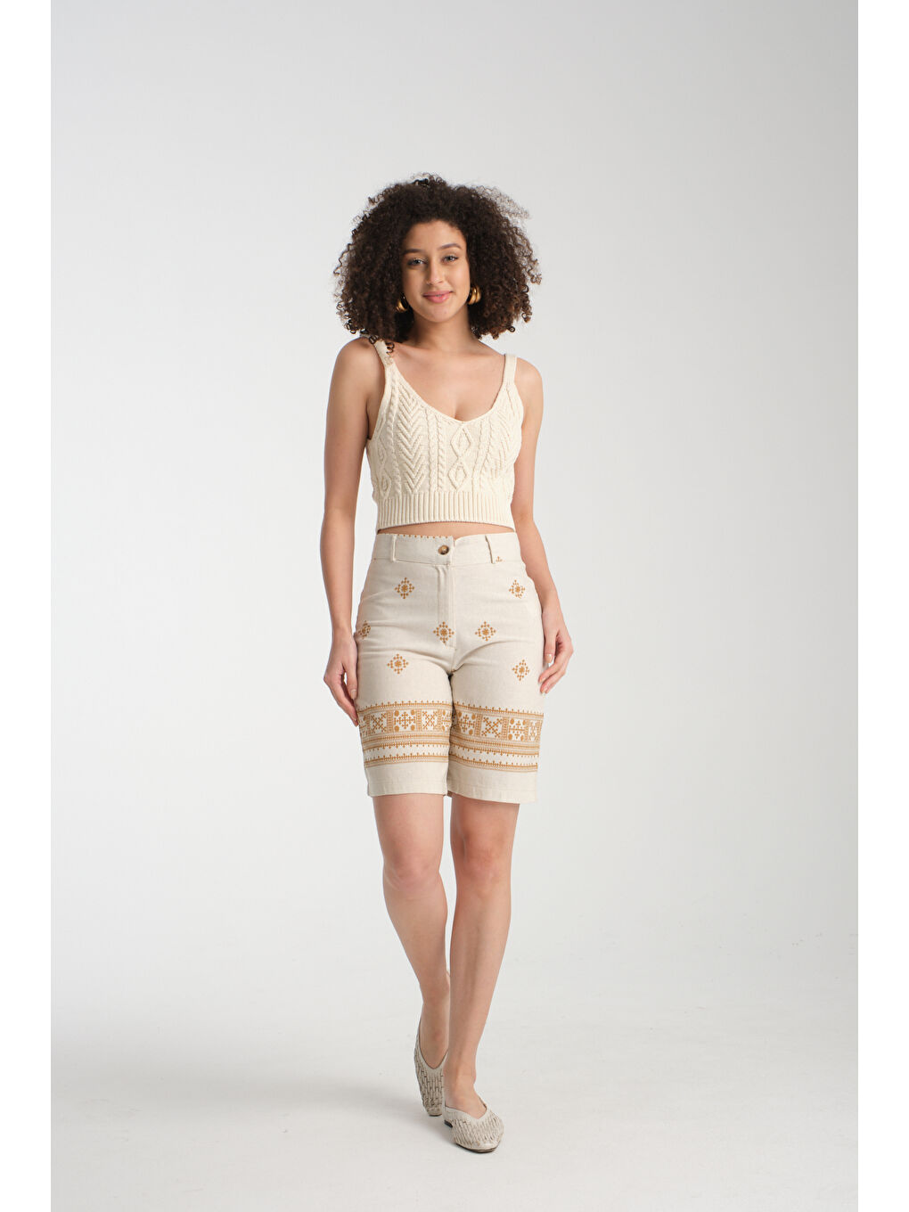 Kahverengi Kadın Keten Şort 8228-1