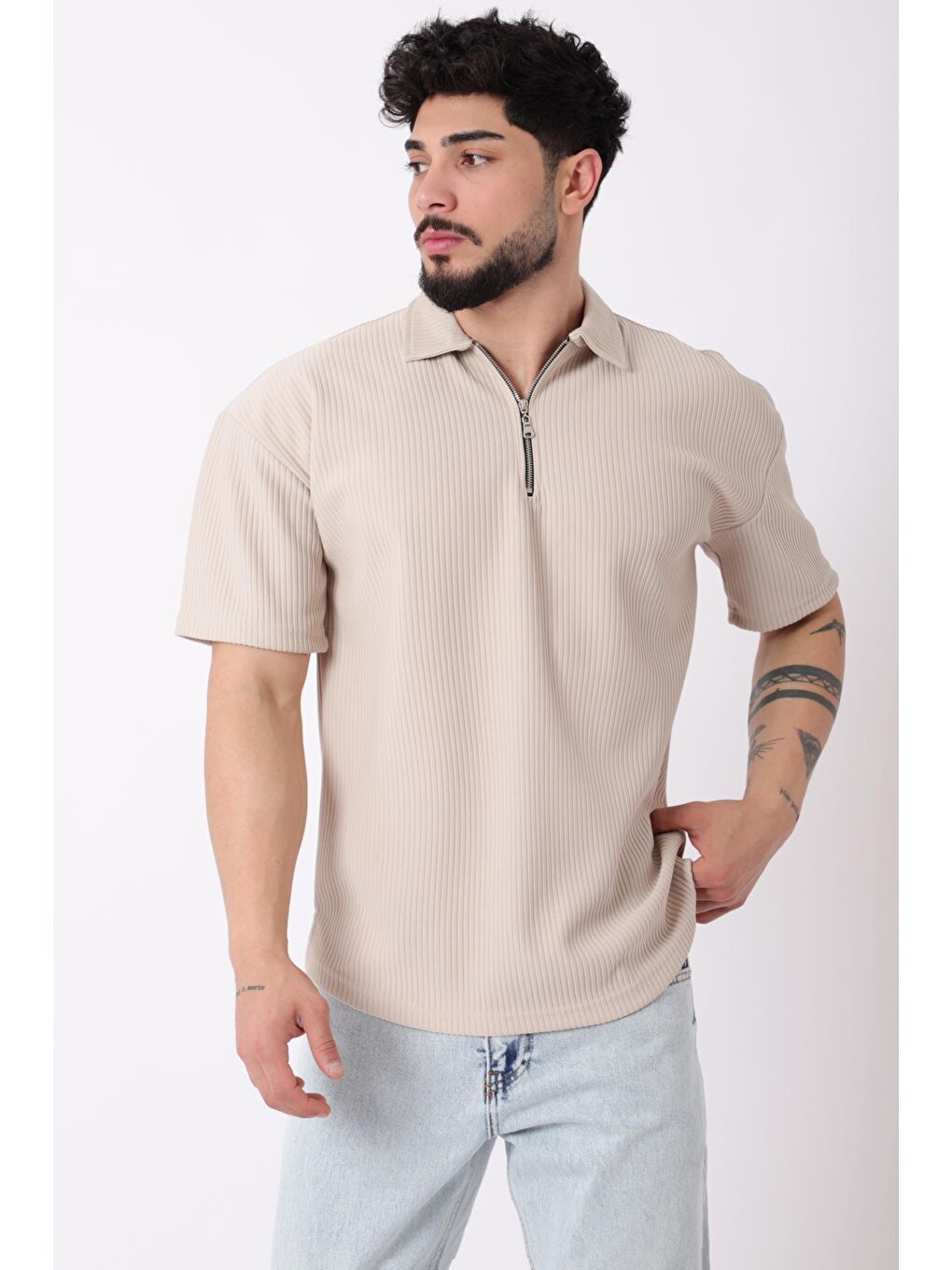 Bej Çizgili Yakalı Yarım Fermuar Oversize Tişört STU-2473_30464-2