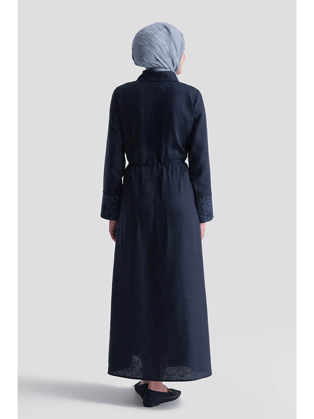 Nakış Detaylı Keten Elbise İndigo-5