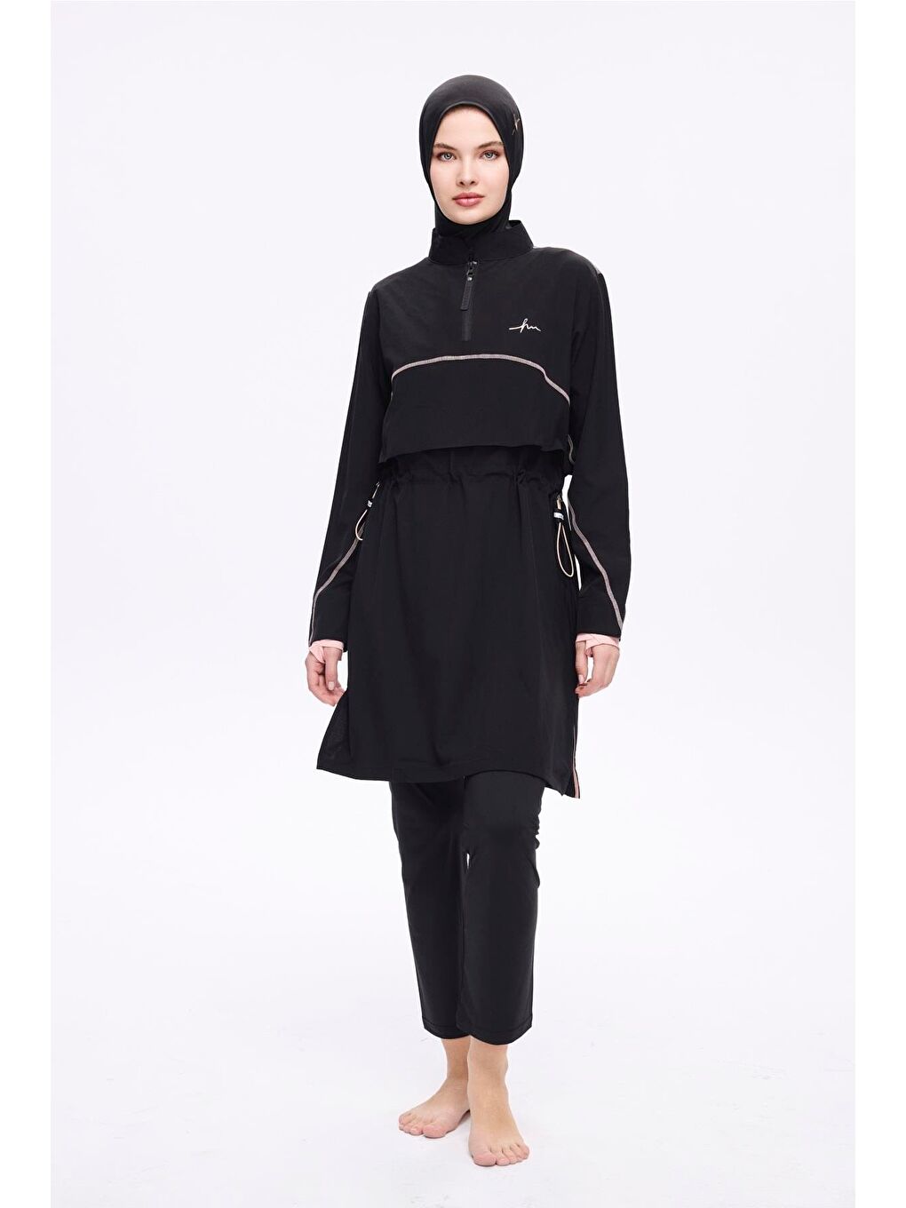 Esila Pembe Biyeli Siyah 5 Parça Jileli Tam Tesettür Mayo Takımı 2934