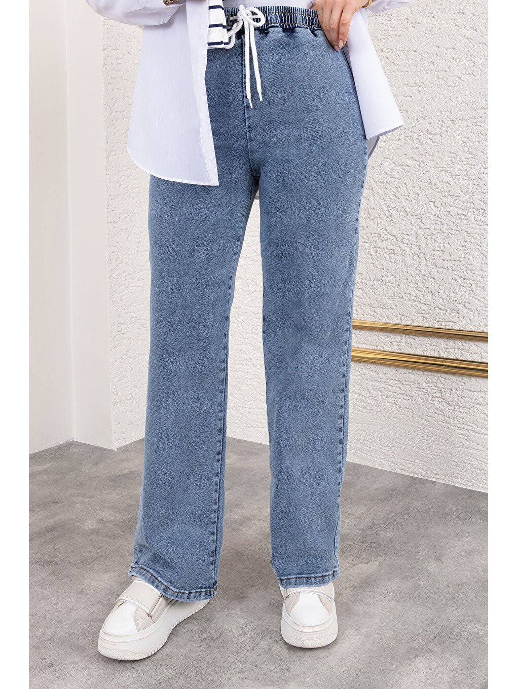 Bol Paça Beli Lastikli Jean Pantolon Tsd250106 Açık Mavi-2