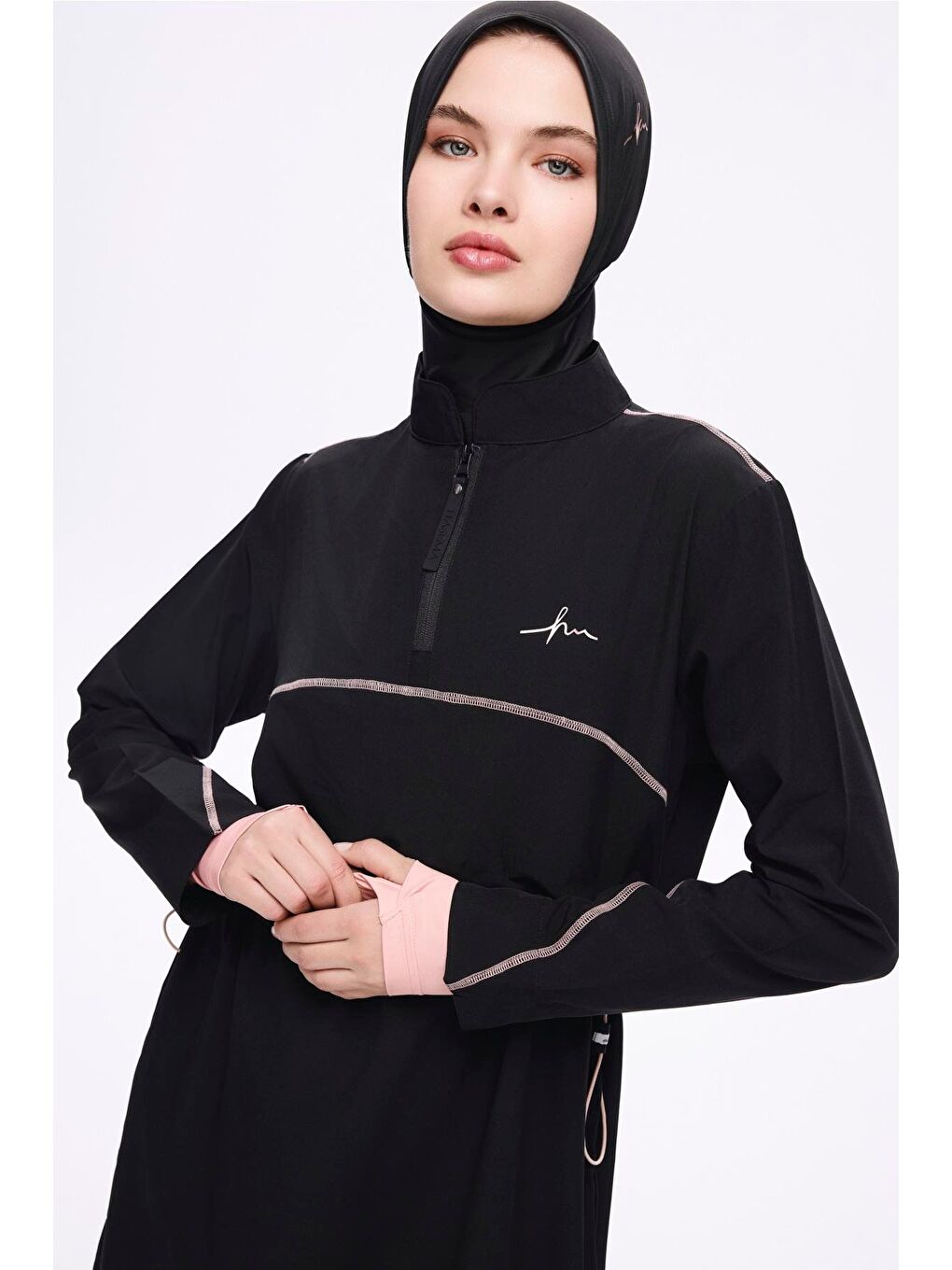 Esila Pembe Biyeli Siyah 5 Parça Jileli Tam Tesettür Mayo Takımı 2934-1