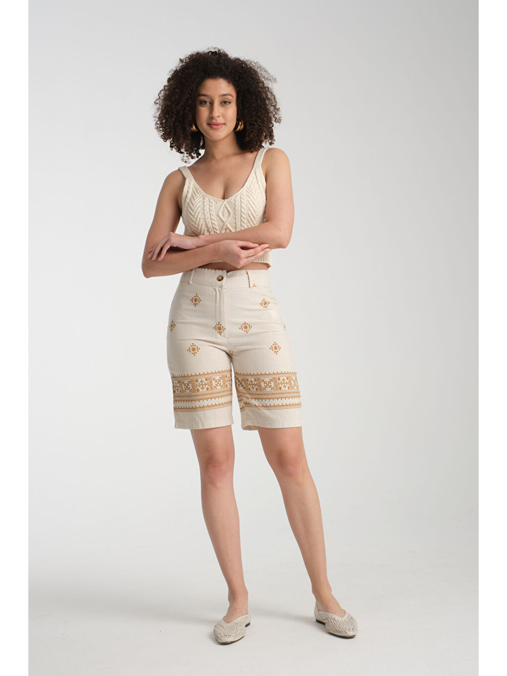 Kahverengi Kadın Keten Şort 8228-4