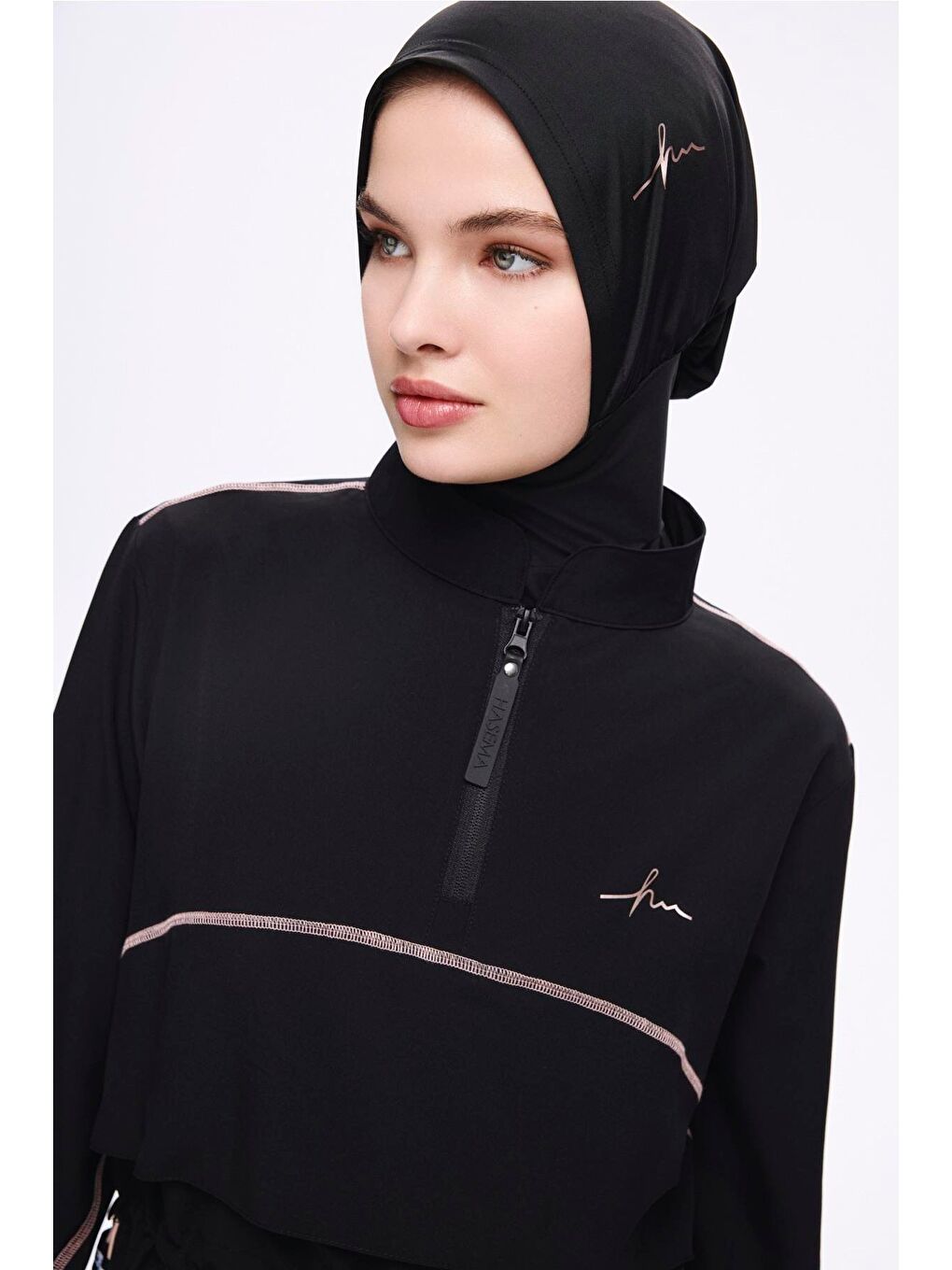 Esila Pembe Biyeli Siyah 5 Parça Jileli Tam Tesettür Mayo Takımı 2934-2