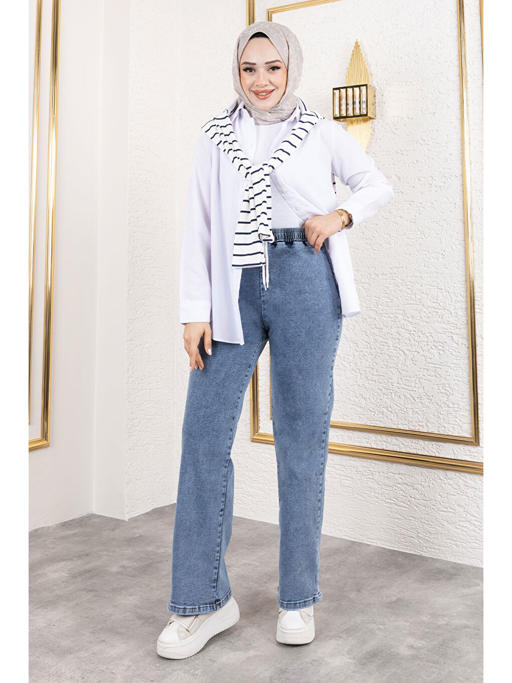 Bol Paça Beli Lastikli Jean Pantolon Tsd250106 Açık Mavi-3