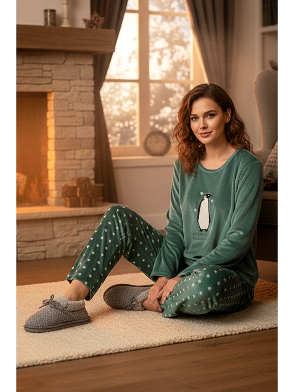 Kadın Desenli Kadife Kumaş Pijama Takımı 13313-2256 Yeşil-2