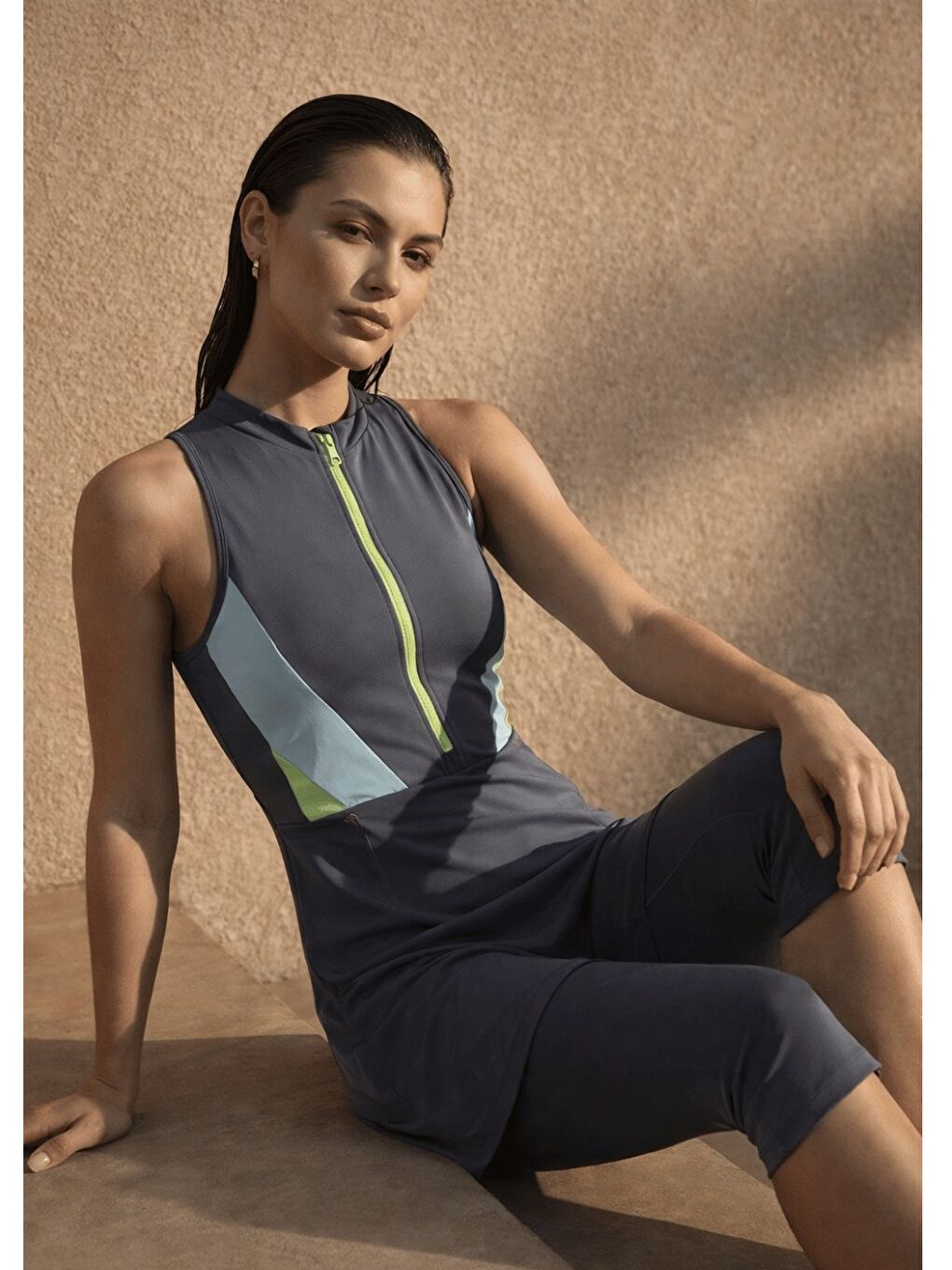 Karışık Yeşil Fermuarlı Yarı Kapalı Mayo-1