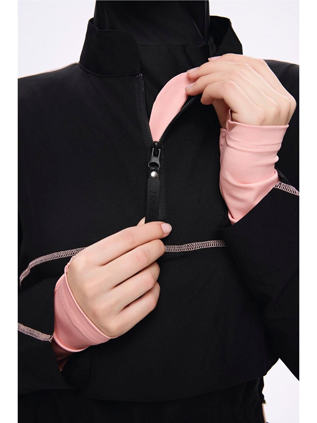 Esila Pembe Biyeli Siyah 5 Parça Jileli Tam Tesettür Mayo Takımı 2934-5