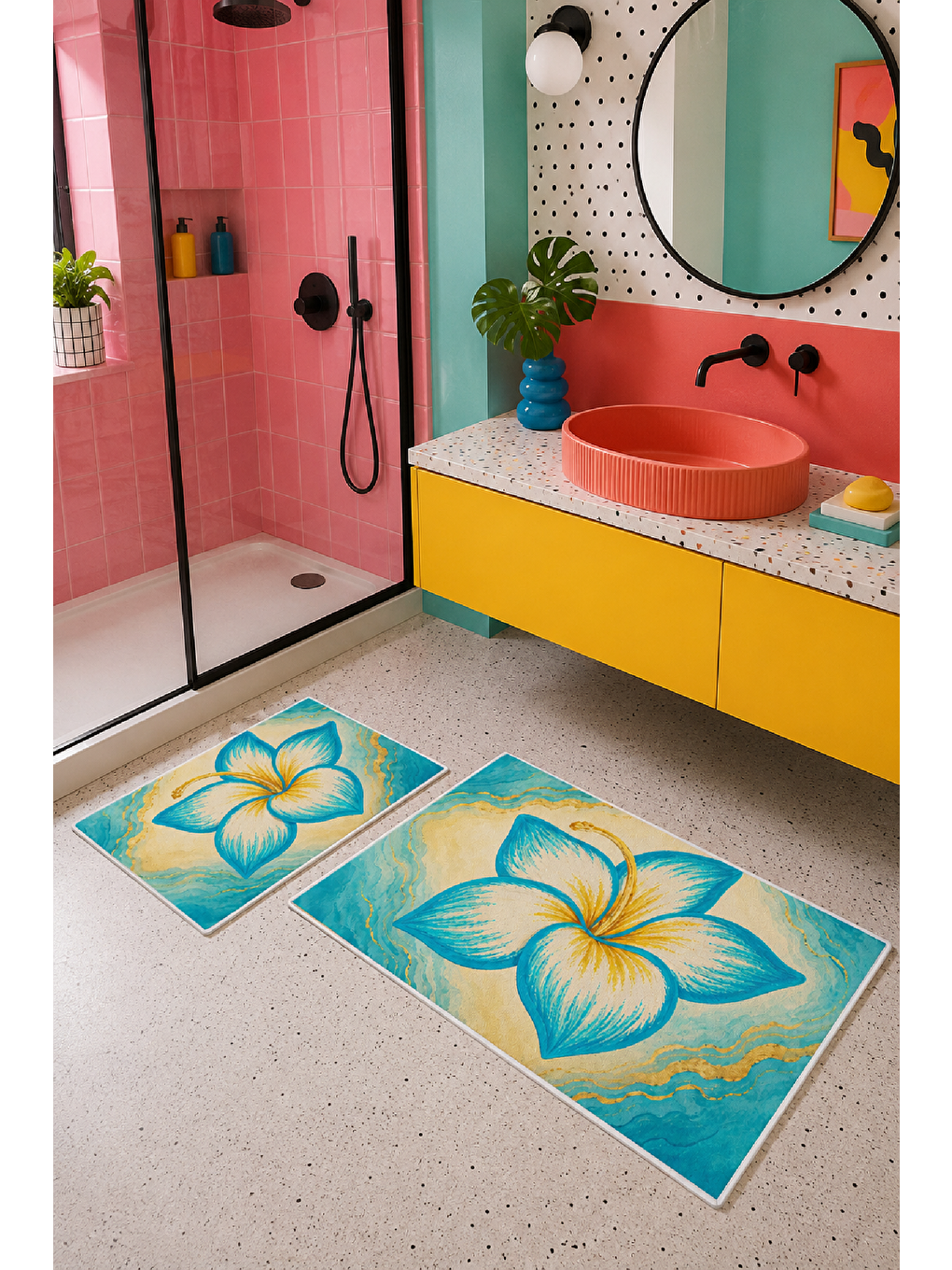 Sarı Turkuaz Tropikal Çiçek Desenli Banyo Paspası 2’li Set-7