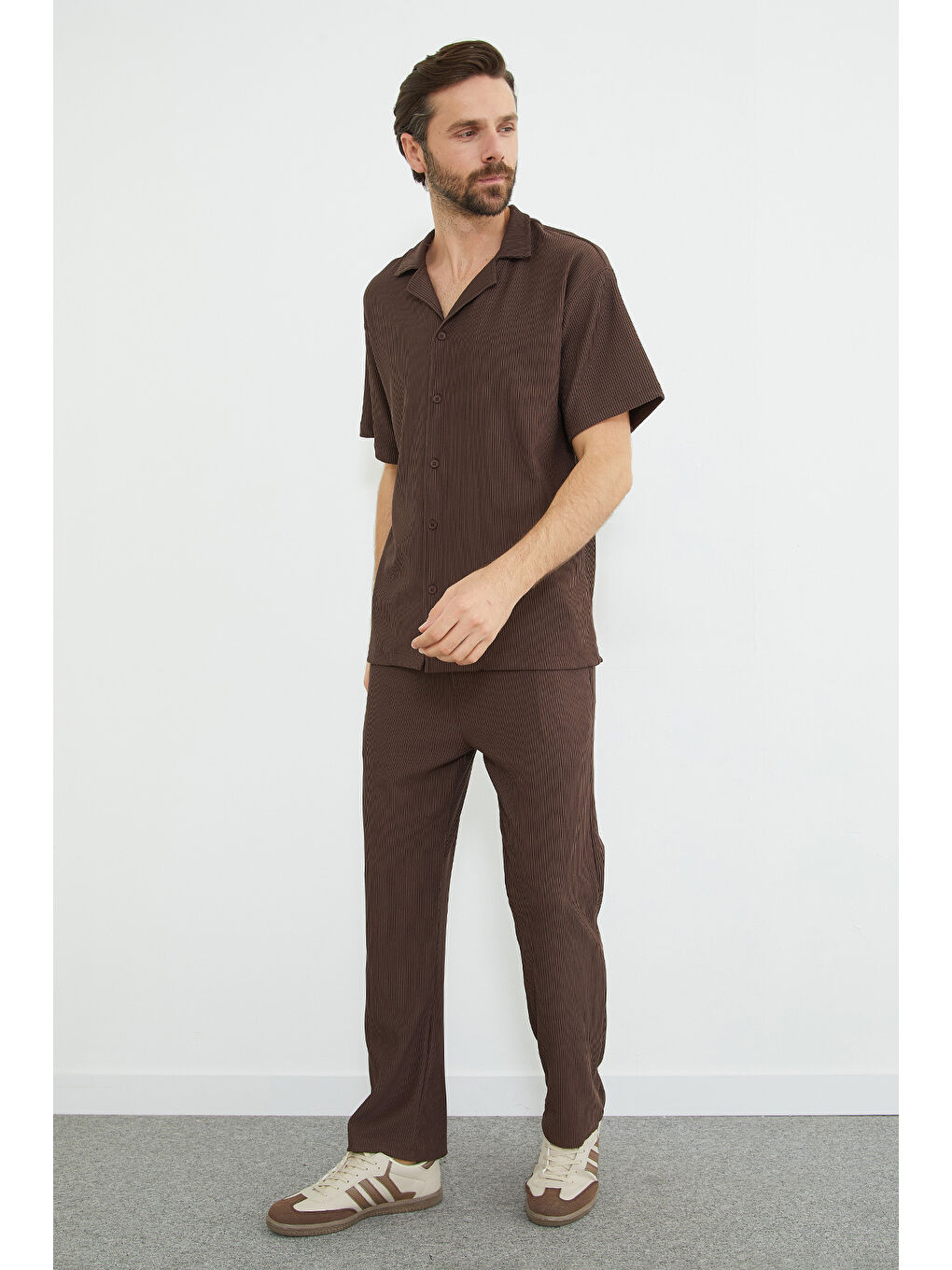 Kahverengi Fitilli Kısa Kollu Gömlek-2