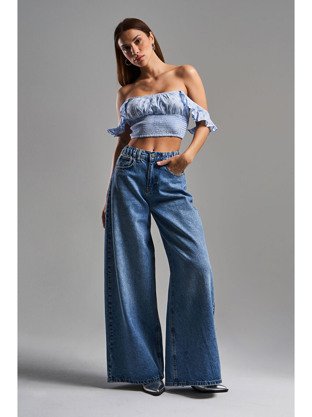 Kadın Mavi Renk 2S5 4 Palazzo Fit Beli Lastliki  100 Pamuk Denim Jean