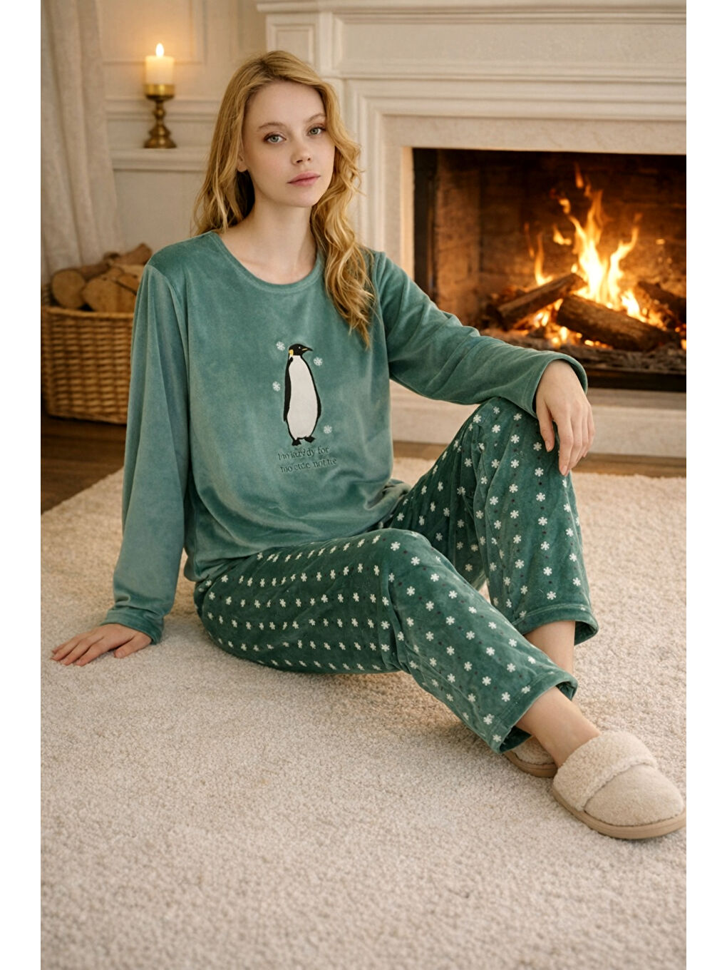 Kadın Desenli Kadife Kumaş Pijama Takımı 13313-2256 Yeşil-3