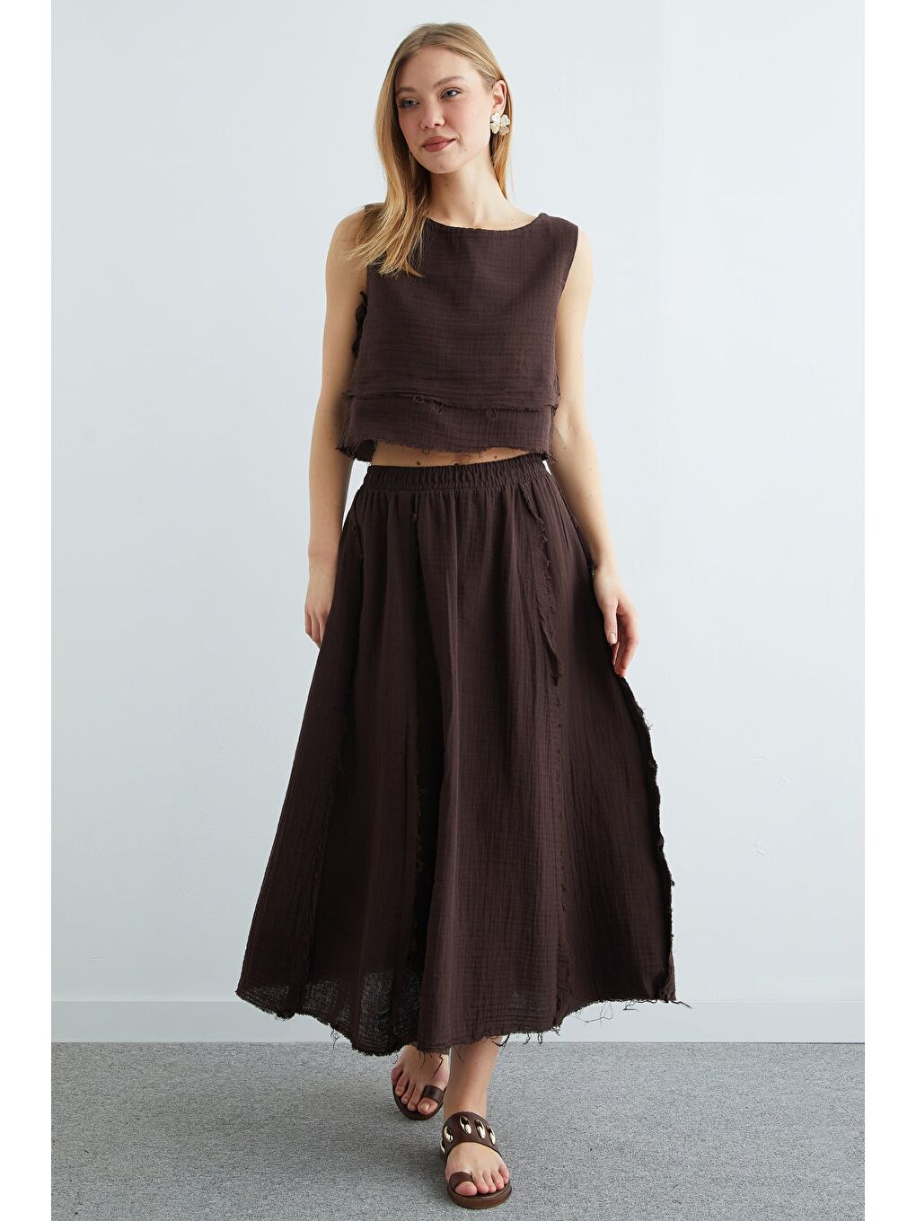 Kahverengi Beli Lastikli Püsküllü Etekli Müslin 2 Li Takım