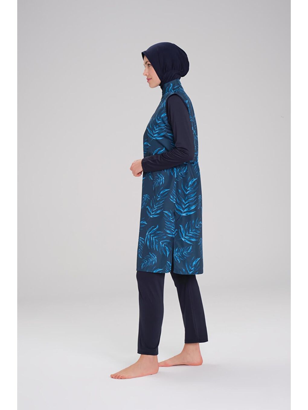 Nehar Yaprak Desenli Lacivert Jileli 3 Parça Tam Tesettür Mayo Takımı 2271-2